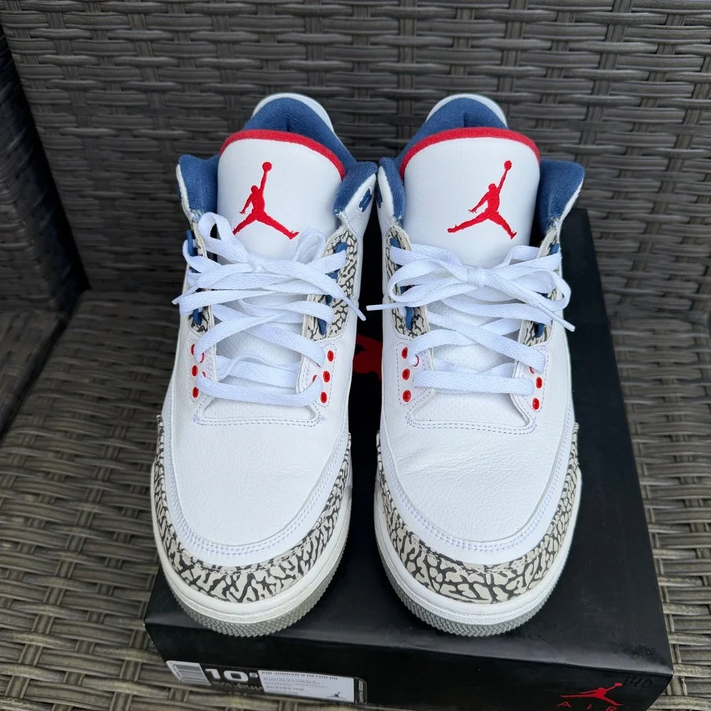 Air Jordan 3 Retro OG True Blue White Fire Red Blue Mens 10.5